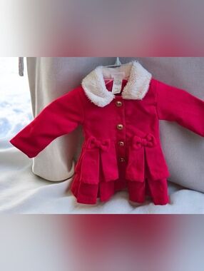 Little Lass Hot Red Pea Coat with Faux Fur Collar